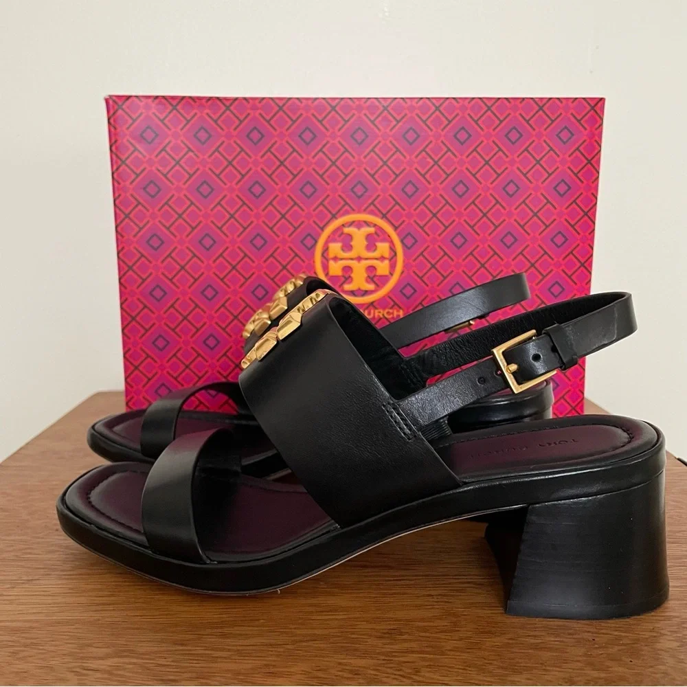 Brand New 💜 Tory Burch Black and Gold Block Heel Sandals - Picture 11 of 13